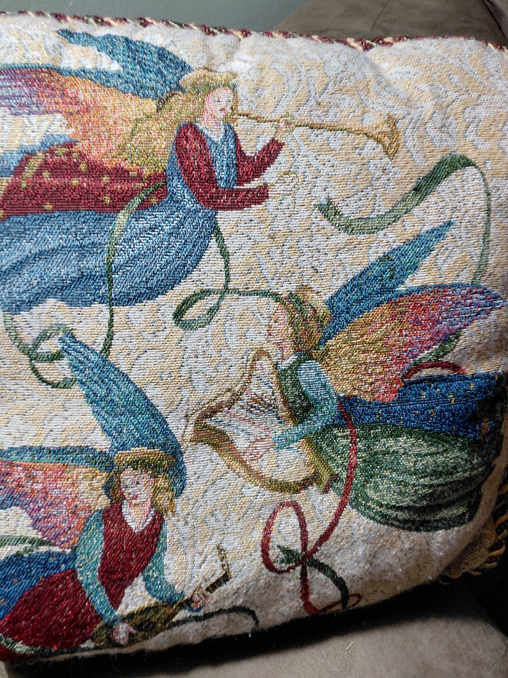 Decorative Angel Tapestry Pillow with  metallic gold thread throughout